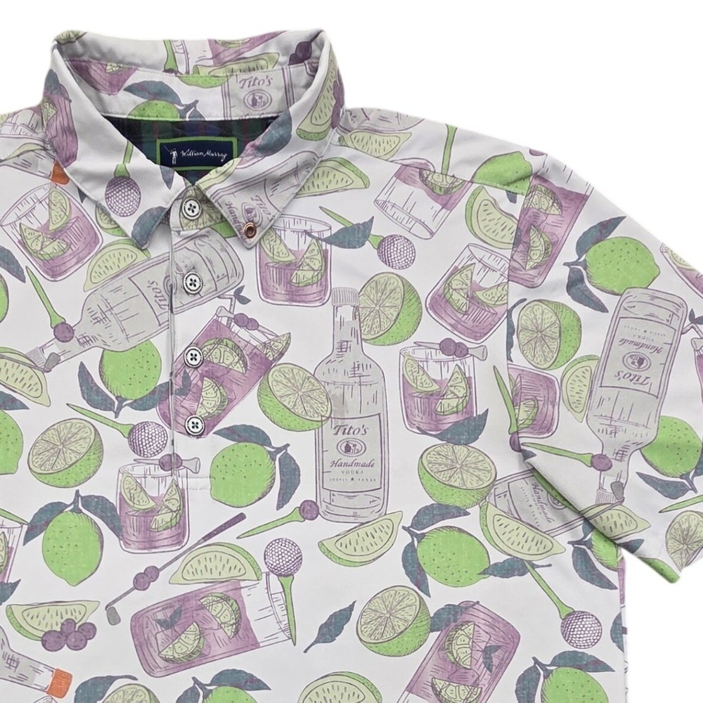 William Murray Tito's Transfusion Golf Polo White Mens Medium Vodka Cocktail AOP
